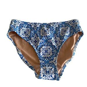 J. Crew Printed Mid-Rise Bikini Bottom White Santorini Blue Swim Sz Small Floral
